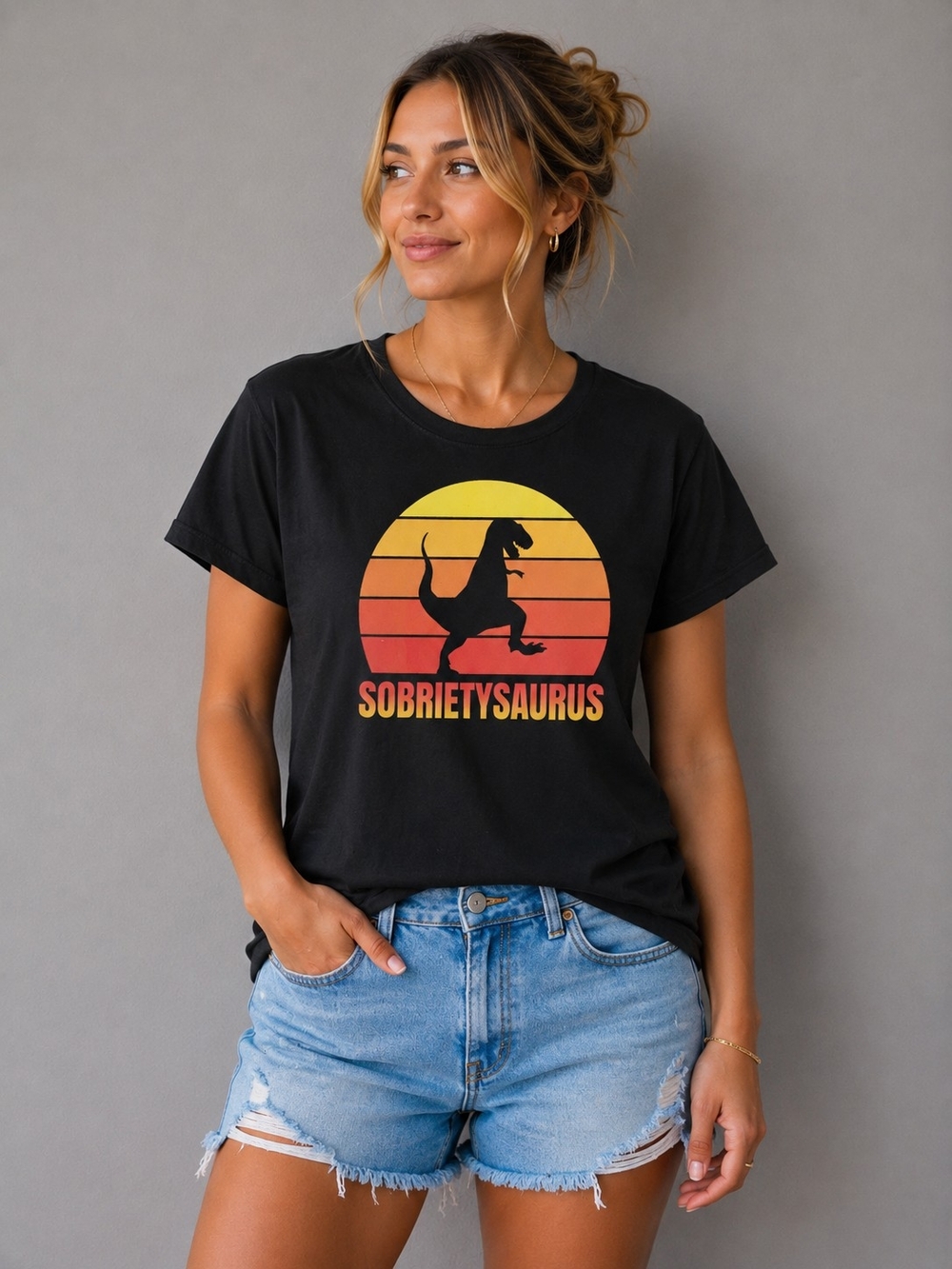 Port and Company Black 'SobrietySaurus' Graphic Tee Women's Size M